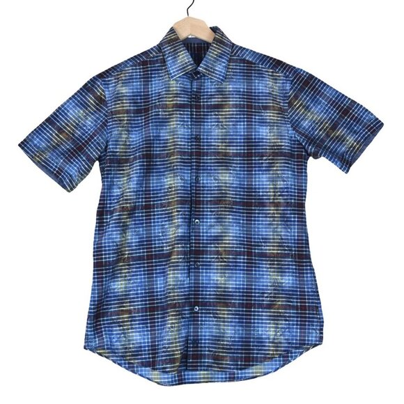 Bugatchi Uomo Men's Blue Plaid Short Sleeve Shirt Modern Fit Paint-Print Fits S - Picture 1 of 8